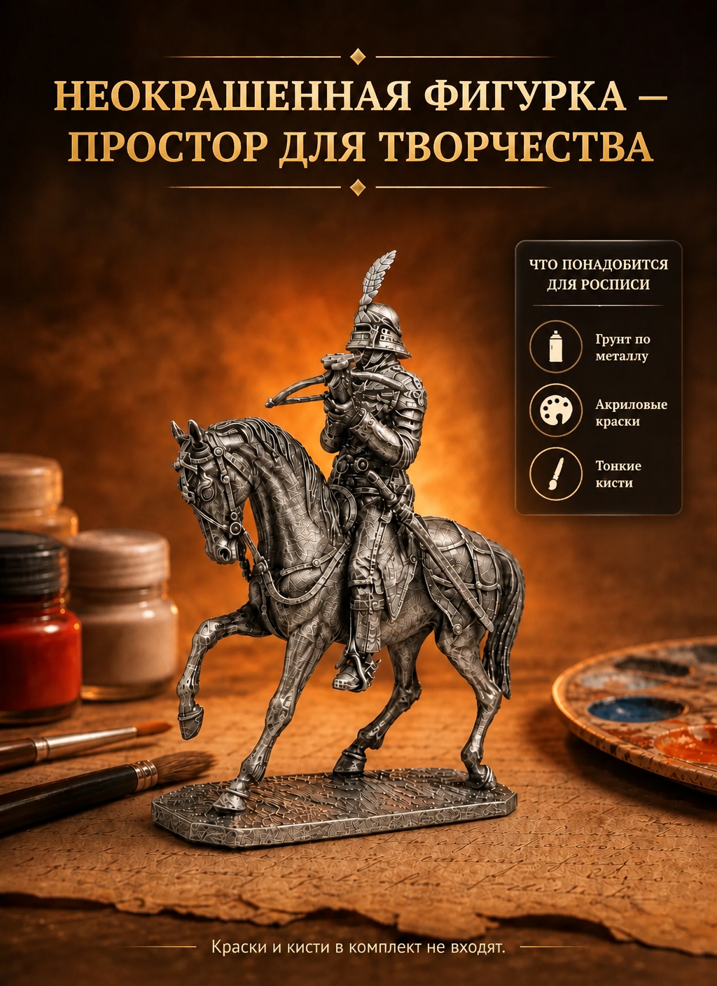 Карточка товара: оловянная фигурка «Конный арбалетчик»: Неокрашенная фигурка — простор для творчества: грунт по металлу, акриловые краски, тонкие кисти