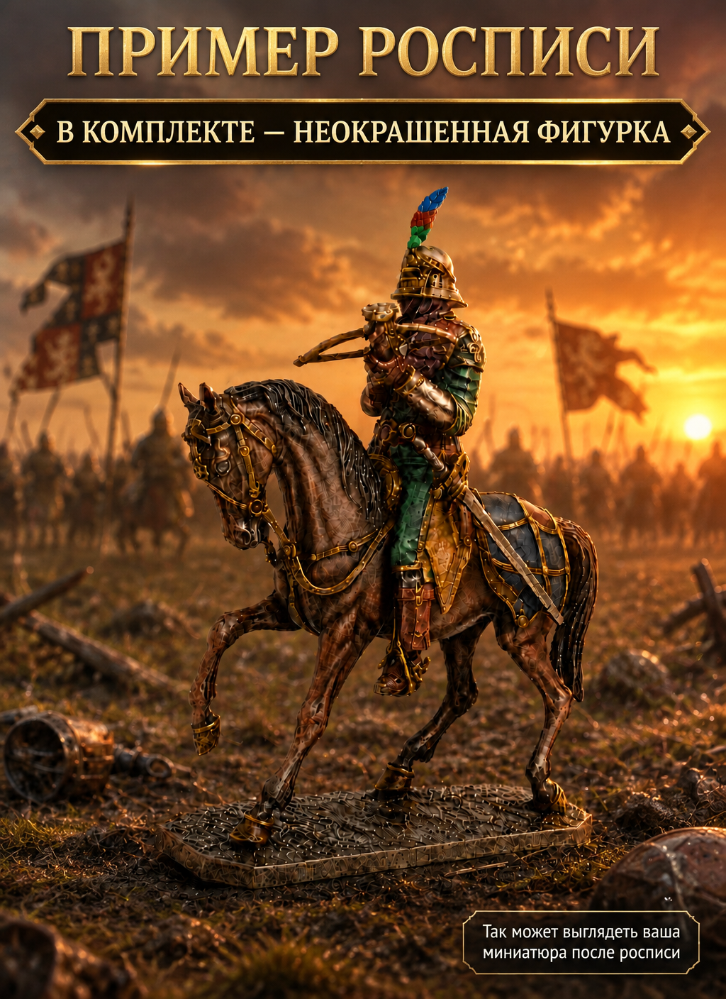 Карточка товара: оловянная фигурка «Конный арбалетчик»: Пример росписи: так может выглядеть миниатюра после росписи — в комплекте неокрашенная фигурка