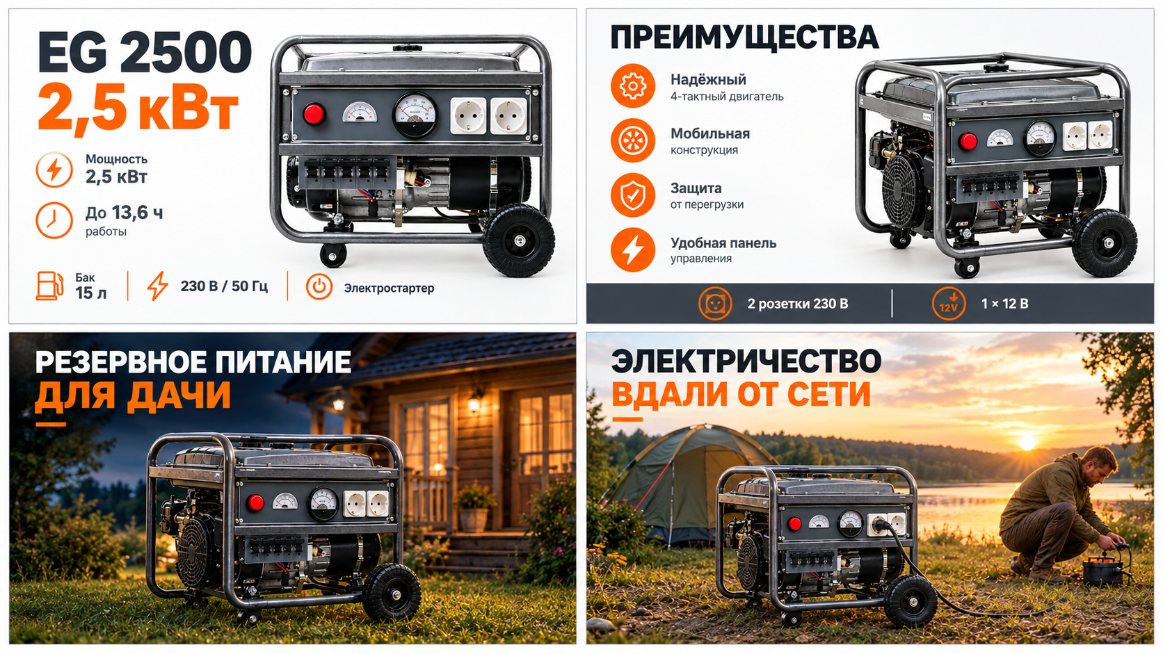 Карточка товара: генератор PowerTech EG-2500: Слайды карточки: характеристики, преимущества и сценарии применения — на даче и вдали от сети